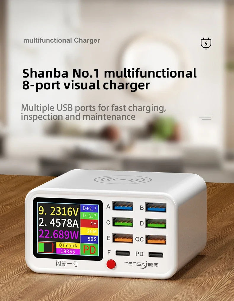 Multi-function Dianba NO.1 Pro 200W 20V 5A PD QC3.0 Fast Wireless Charger 8 Port USB Type C Mobile Phone Charger Desktop Hub