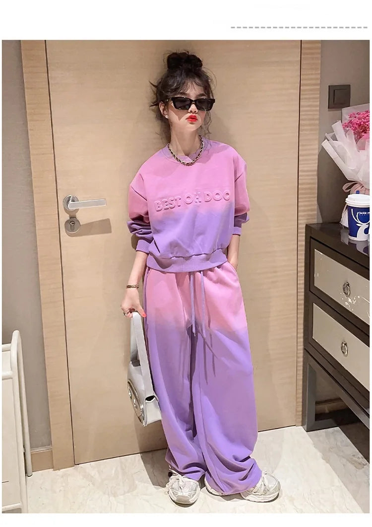 Girls Contrast Tie Dye Alphabet Sweatshirt+Drawstring Sweatpant Sets School Kids 2PCS Tracksuit Children Jogging Outfits 5-16 Yr