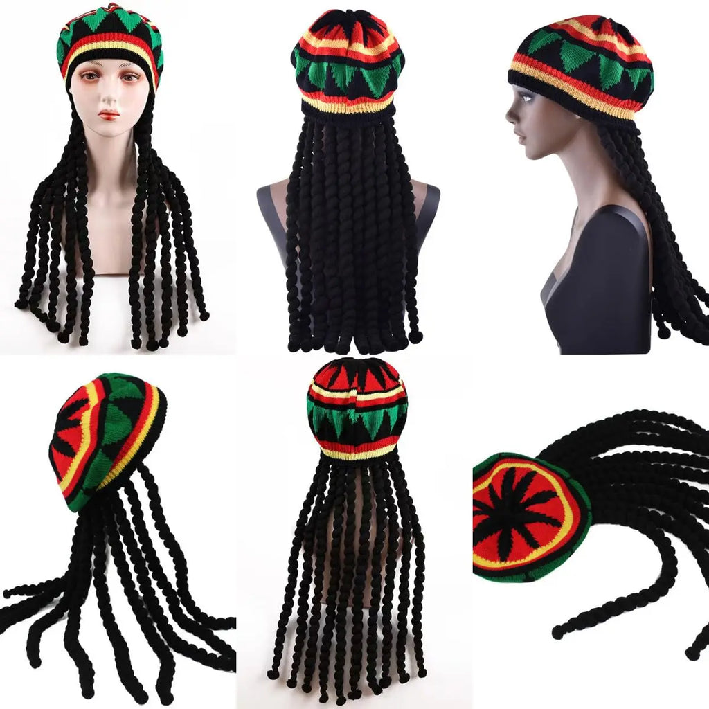 Unisex Dreadlocks Beanie Hat with Fake Braids Jamaican Rasta Reggae Cap Crochet Knitted Skull Cap for  Halloween Christmas Party