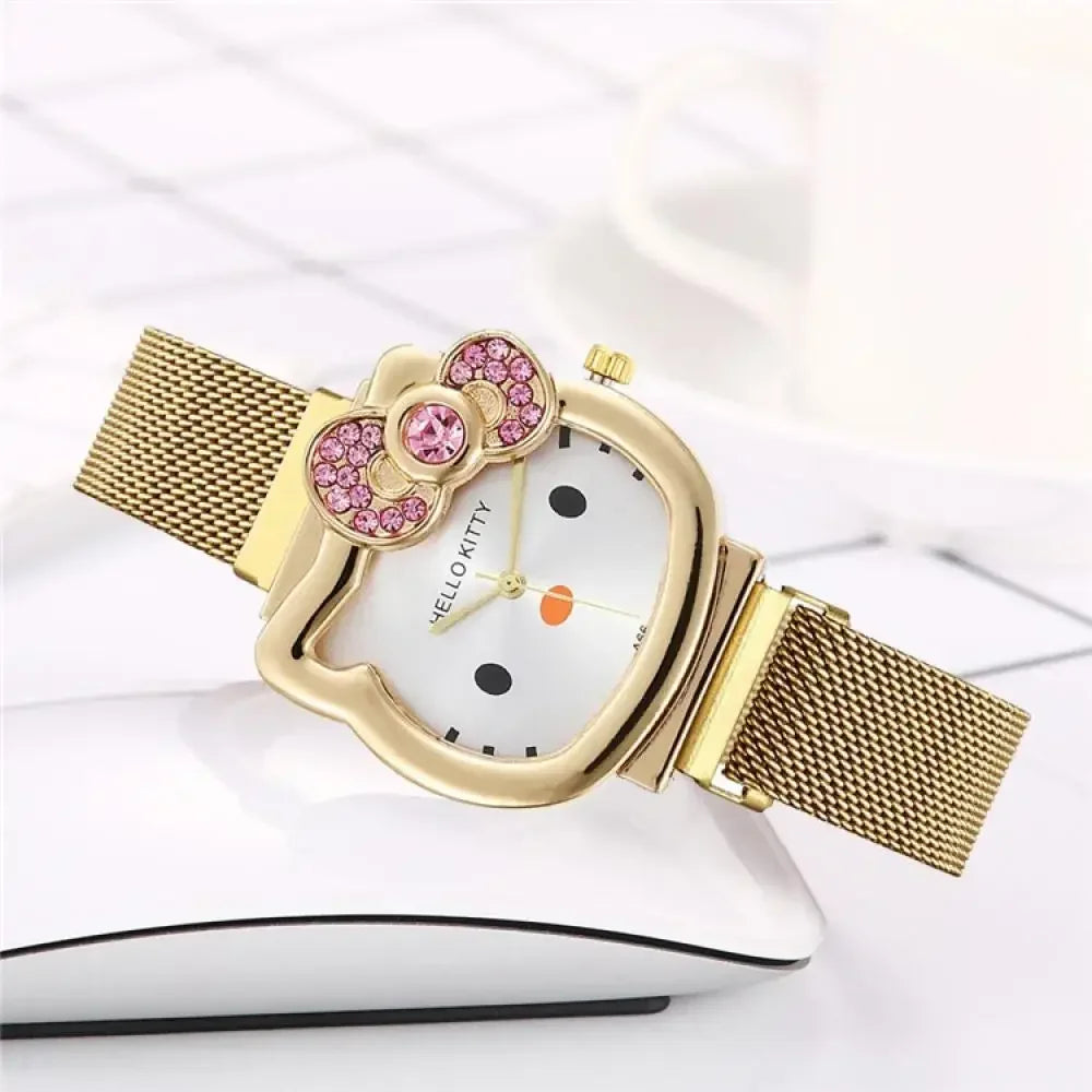 Sanrio Anime Hello Kitty Bow Set Diamond Watch Fashion Quartz Watch Cute Cartoon Magnet Small Dial Watch Girl Birthday Gift