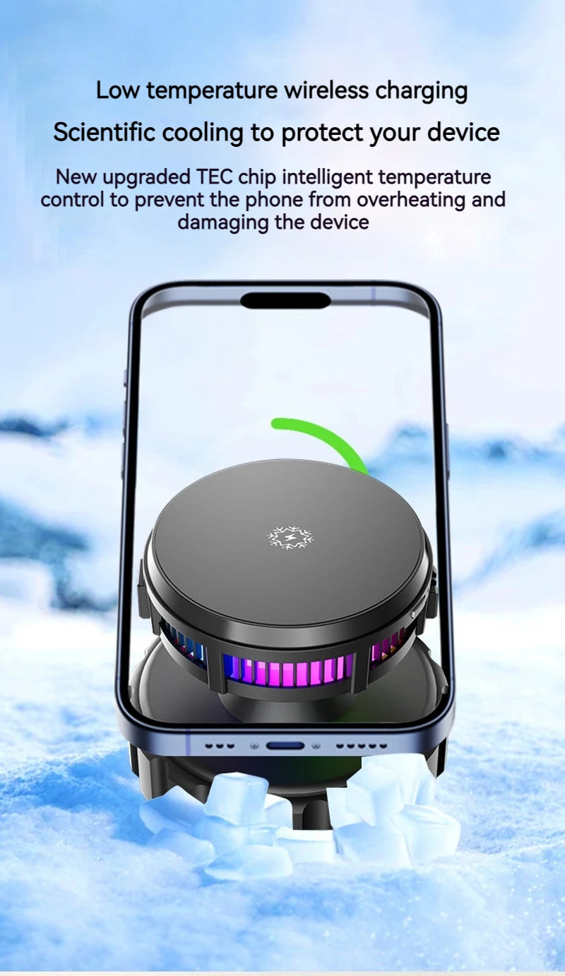 15W Car Magnetic Wireless Charger Phone Stand, Suction Cup with Semiconductor Cooling & Colorful Ambient Lights, 360° Rotatable