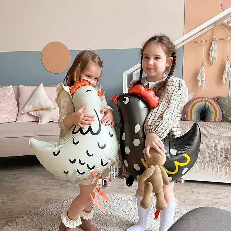 2Pcs Chicken-Shaped Aluminum Foil Balloons Black & White Polka Dot Cartoon Standing Decorations for Children's Birthday Party