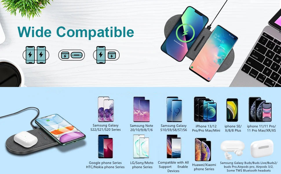 40W Fast Dual 2 in 1 Wireless Charger Pad for Airpods 3 Pro iPhone 8 X XS XR 11 12 13 14 15 Samsung S23 S22 Induction Charging