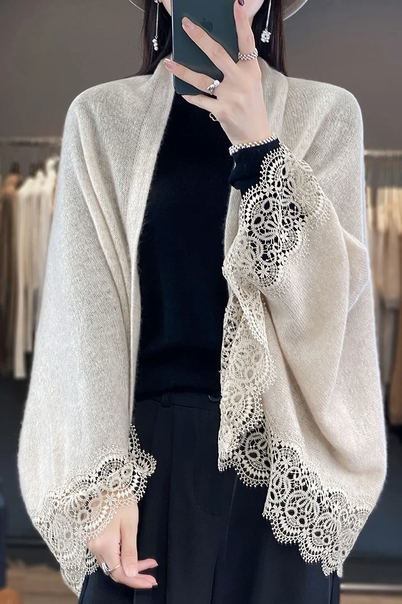 Popular Lace Edge 100% Wool Knitted Shawl Spring Autumn Thin Women's Soft, Skin friendly, Breathable, and Fashionable Cardigan