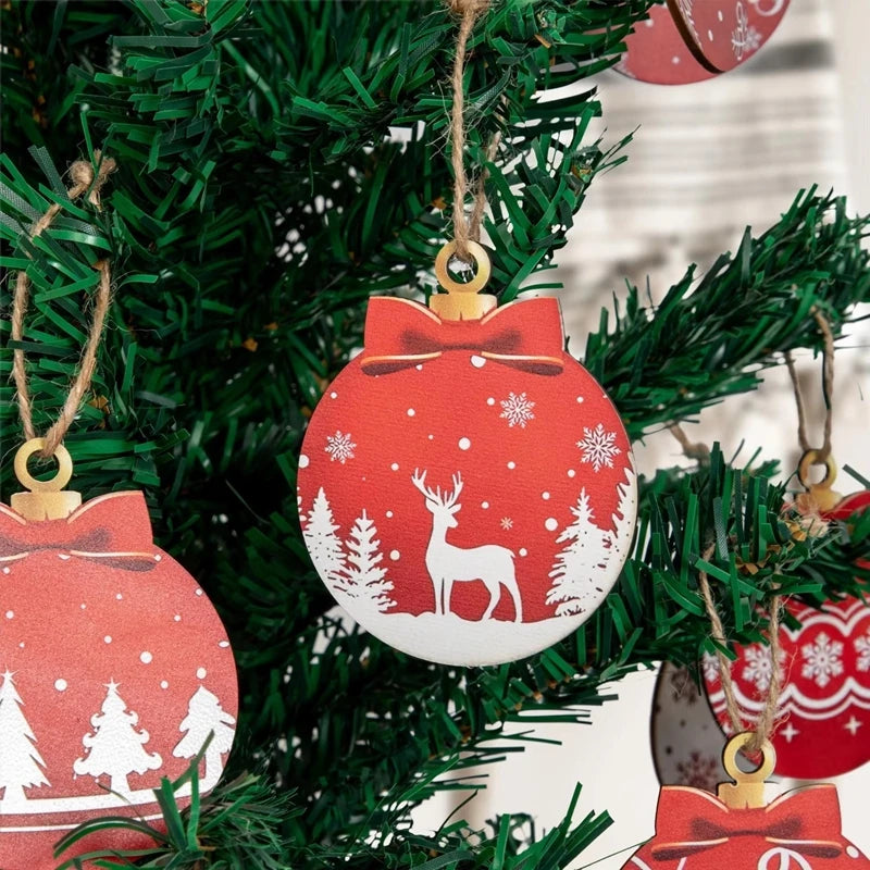 12Pcs Christmas Wooden Ball Ornaments Xmas Tree Hanging Pendant DIY Craft Merry Christmas Decoration For Home 2025 New Year Gift
