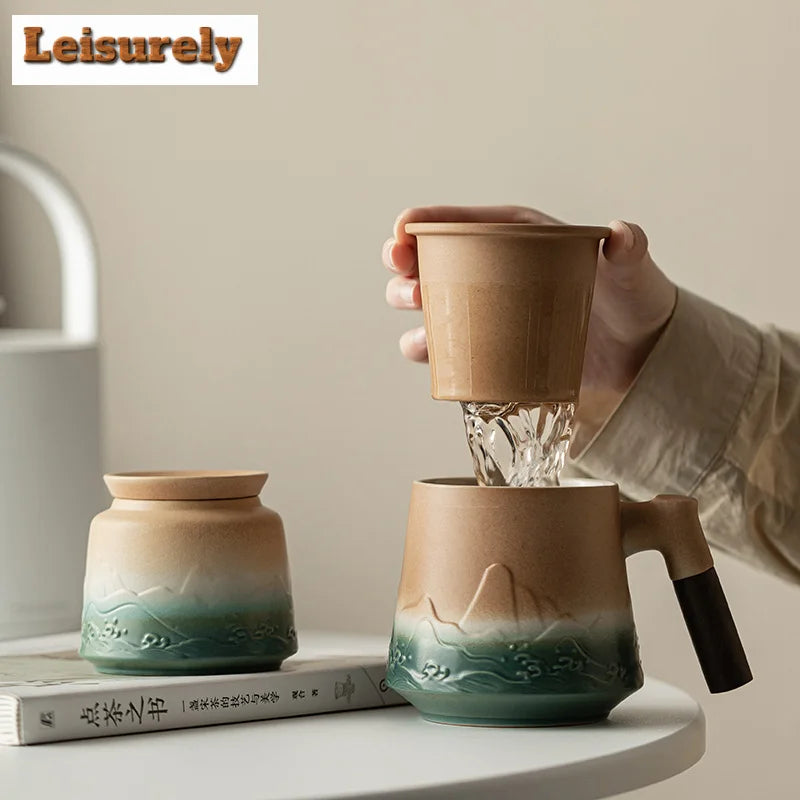 500ml Mountain Sea Ceramic Master Cup with Lid Tea Cup with Inner Filter Large-capacity Separation Teacup Chinese Tea Supplies
