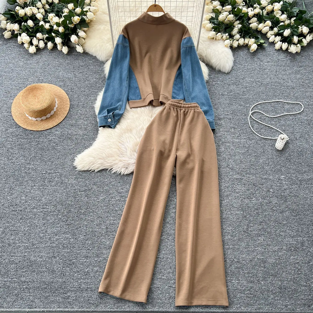 Pant Set Women Two Piece Sets Denim Stand Collar Matching Sets Casual Loose Tops Wide Leg Long Pants Lace Up Y2k Streetwear