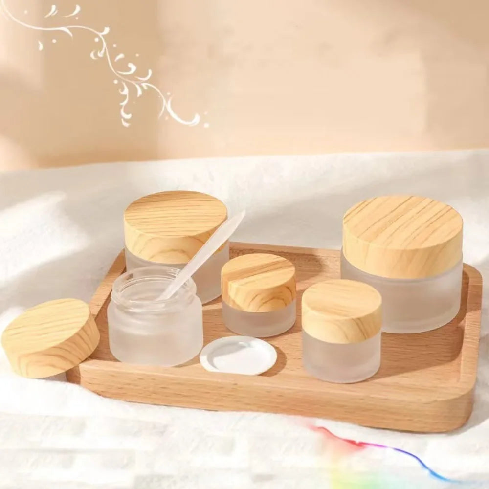 Durable Wood Grain Lid Frosted Glass Cream Jar Screw Cap Cosmetic Container Jar Cream Bottle Round Scrub Sub-bottling Skin Care
