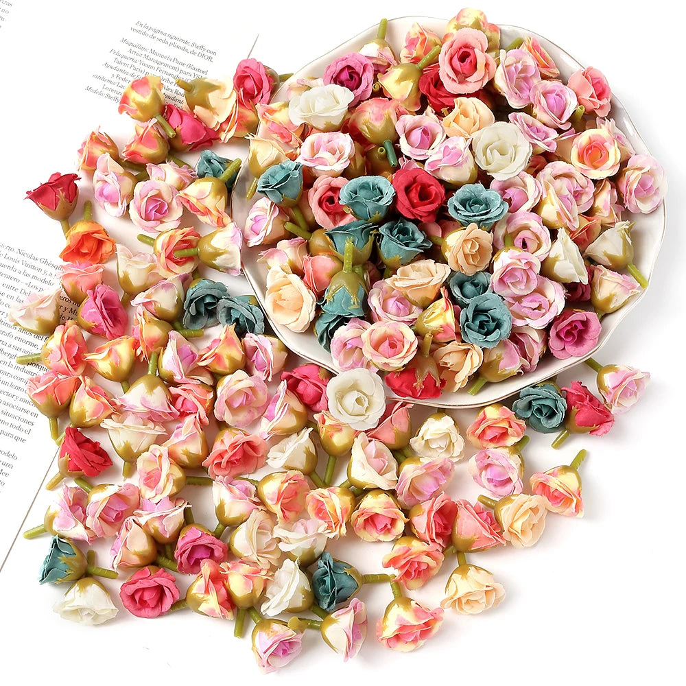 100Pcs Mini Silk Rose Artificial Flowers Head Fake Flowers For Home Decor Wedding Decoration DIY Bride Wreath Gifts Accessories