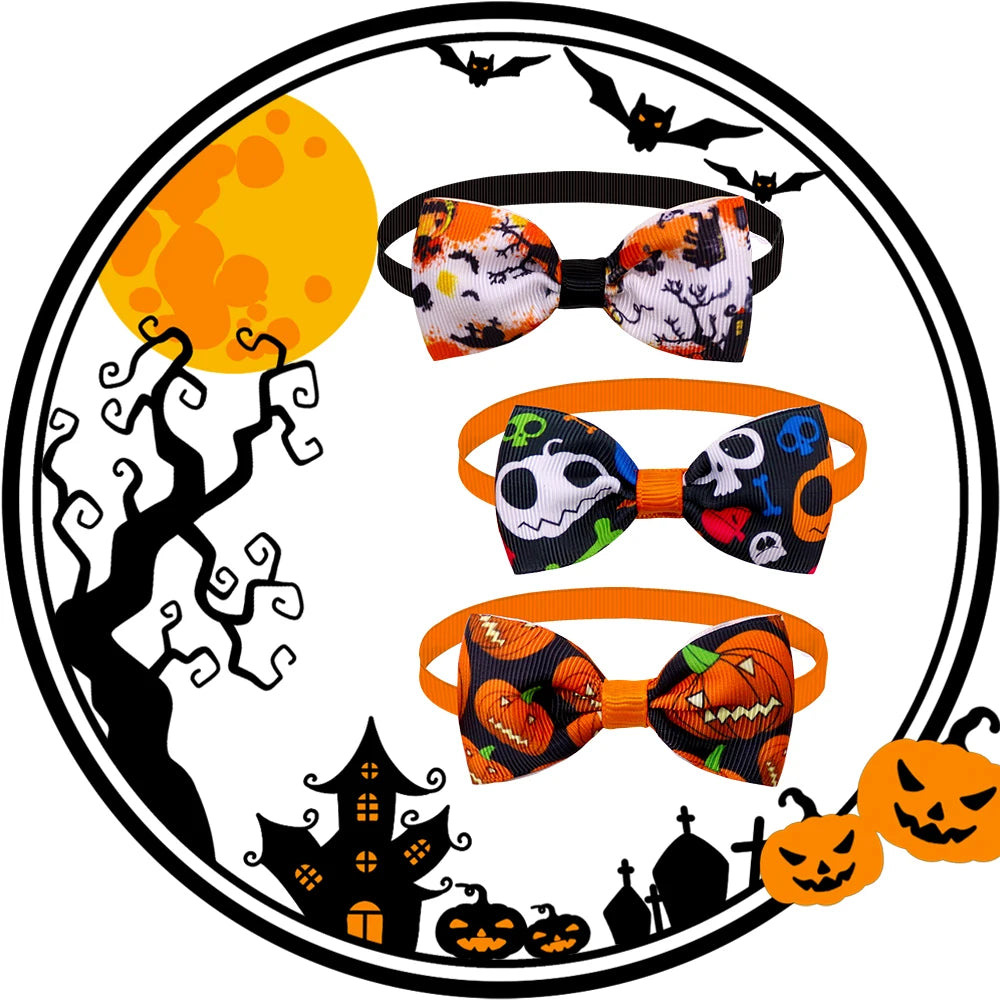 50pcs Halloween Small Dog Cat Bow Tie For Dogs Cats Bows Skull Styles Pet Dog Bowties Collar Holiday Grooming Items For Dogs