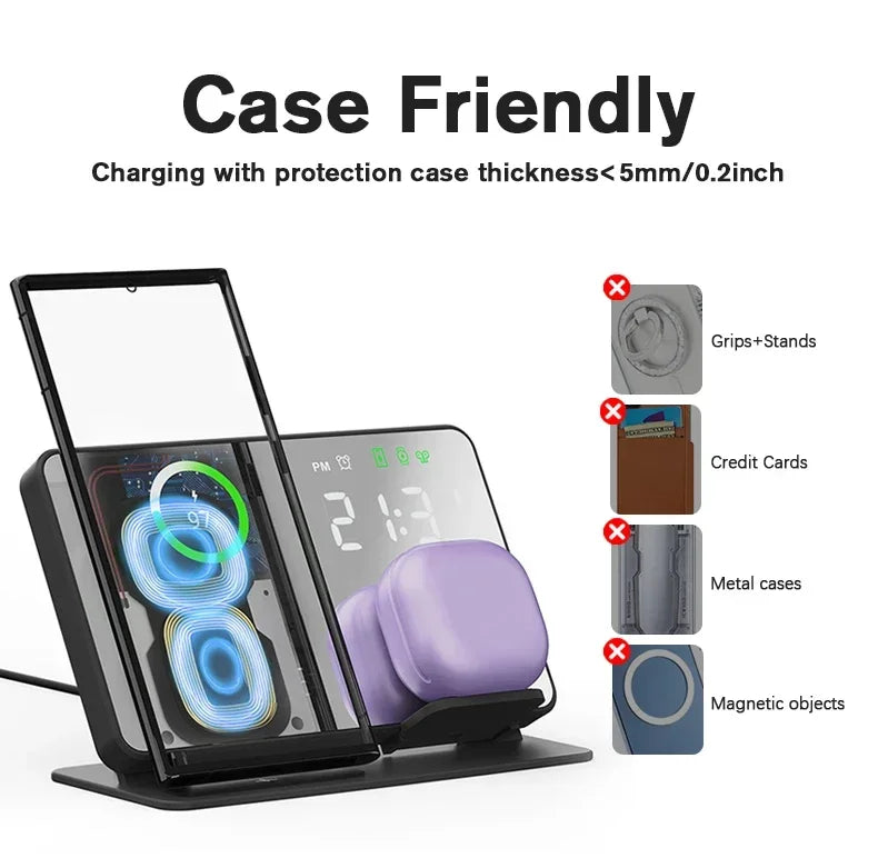 3 in 1 Wireless Charger For Apple Samsung Galaxy Watch 6 5 Pro S24 S23 S22 Fast Charging Station Alarm Clock Phone Charger Stand