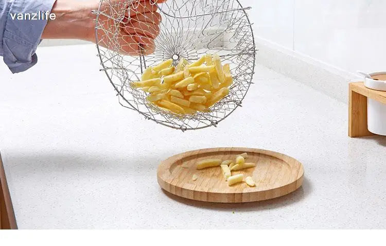 vanzlife stainless steel deep-fried large noodle kitchen French fries tools drain basket Household leak net spoon folding filter