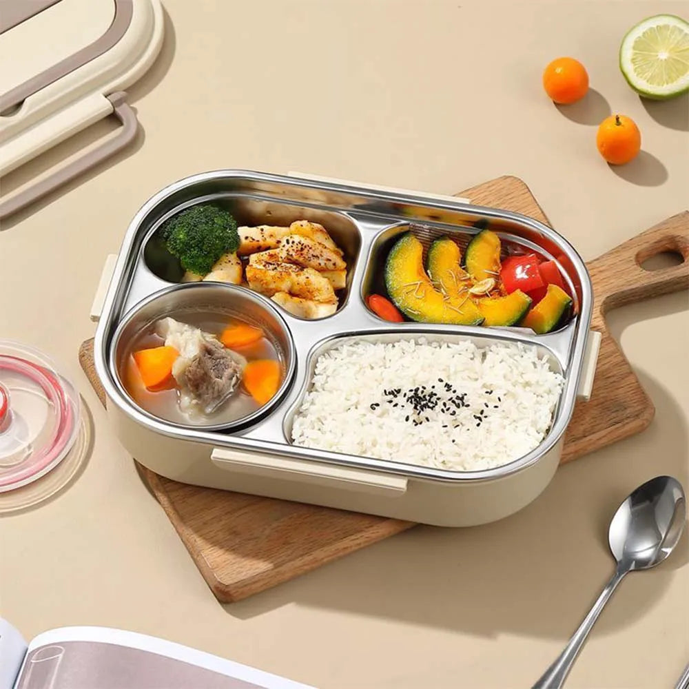 304 stainless steel lunch box with soup bowl, 4 compartments, equipped with spoon chopsticks, portable handle, microwave heating