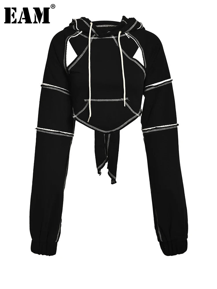 EAM Backless Cut-out Topstitched Bow Sweatshirt New Hooded Long Sleeve Women Big Size Fashion Spring Autumn 2026 1DF182001