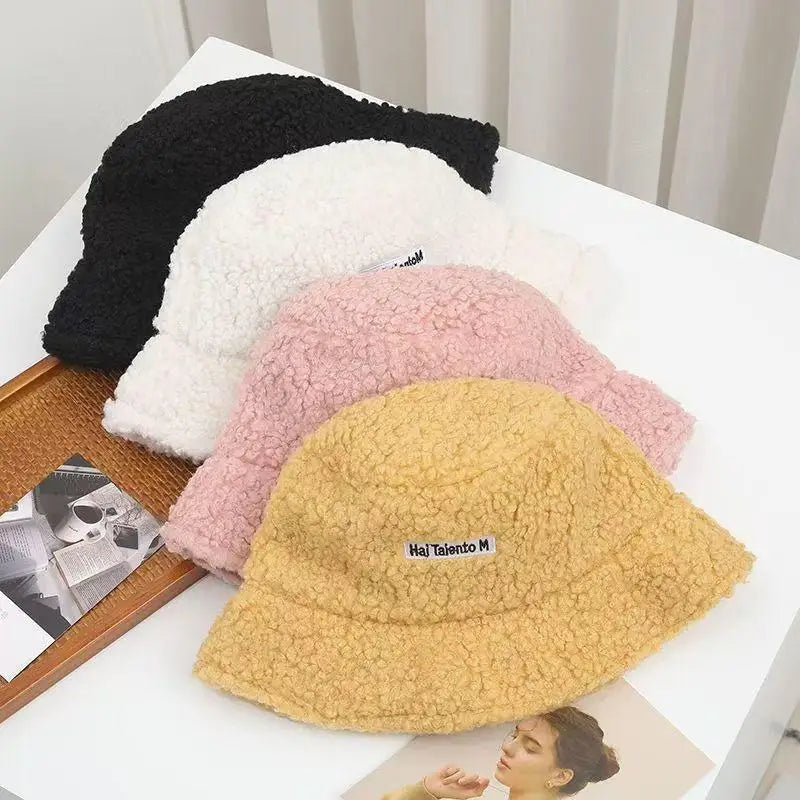 Korean Fisherman Hat Pure Color Warm Embroidered Letter Beanie Plush Light Weight Cap Unisex Casual Bucket Hat