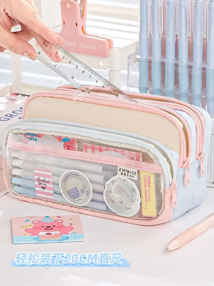 Kawaii Pencil Bag Large Capacity 3 Compartments Pencil Case Pen Pouch Desk Organizer School Supplies Cute Korean Stationery