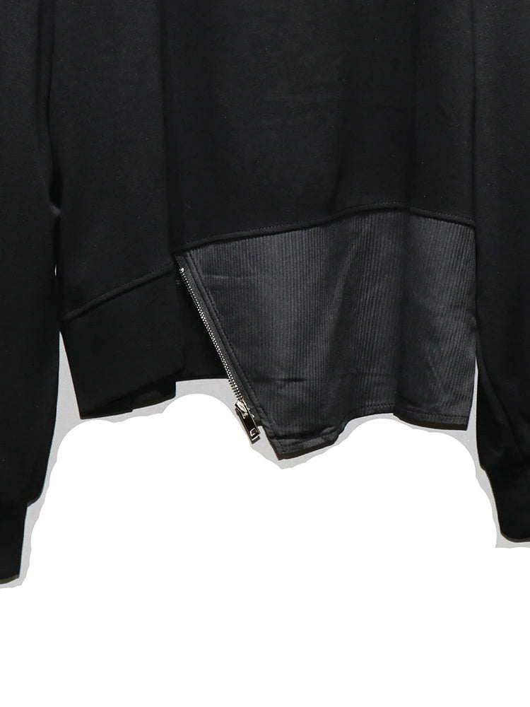 [EAM] Black Topstitched Irregular Sweatshirt New Round Neck Long Sleeve Women Big Size Fashion Tide Spring Autumn 2026 1DJ3297