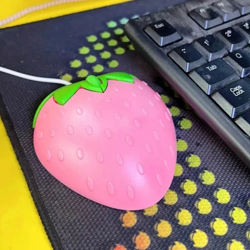 Pink Strawberry Corded Mouse Small Optical PC Computer Game