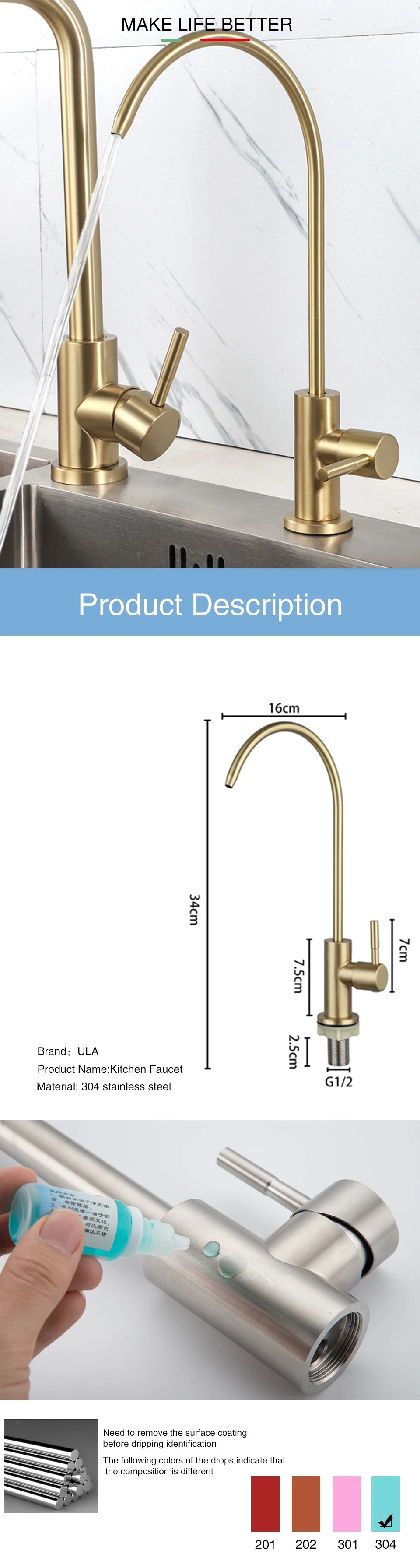 ULA 1/4"Kitchen Faucets Direct Drinking Tap Stainless Steel Water Purifier Faucet Single Cold Water Sink Faucet Filter Faucet