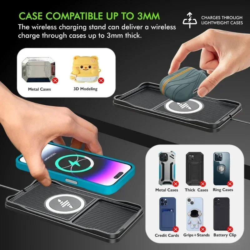 Car Wireless Charger Pad Base USB Cable for iPhone 16 15 14 13 12 Pro Max Samsung Xiaomi Airpods Pro 2 LG Fast Charging Station