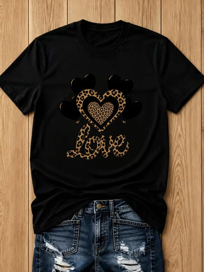 Leopard Love Heart T Shirt Women Cute Balloon Graphic