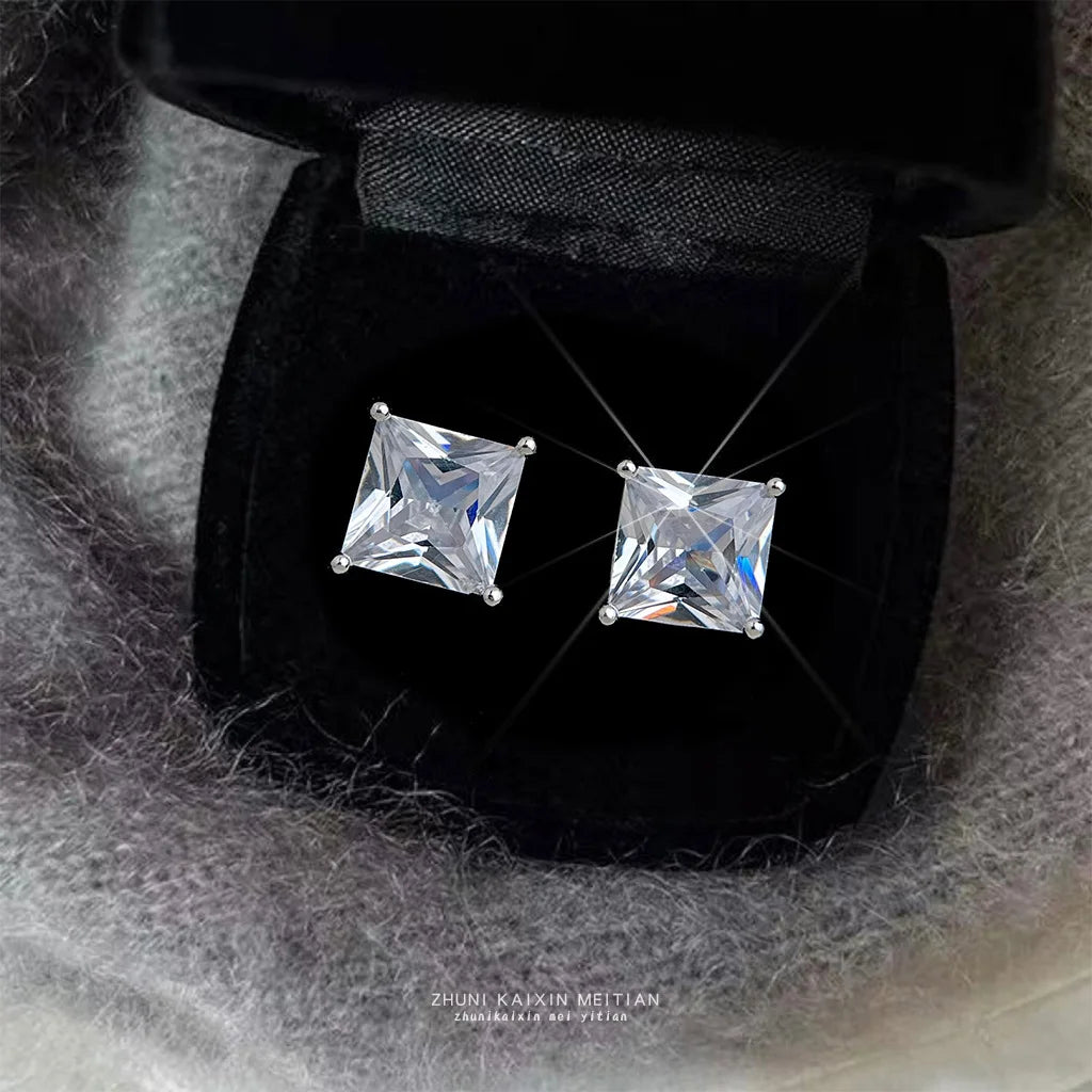 Copper Base Princess Cut Cubic Zirconia Stud Earrings, Silver Plated Square Solitaire CZ Earrings for Women Fashion Jewelry