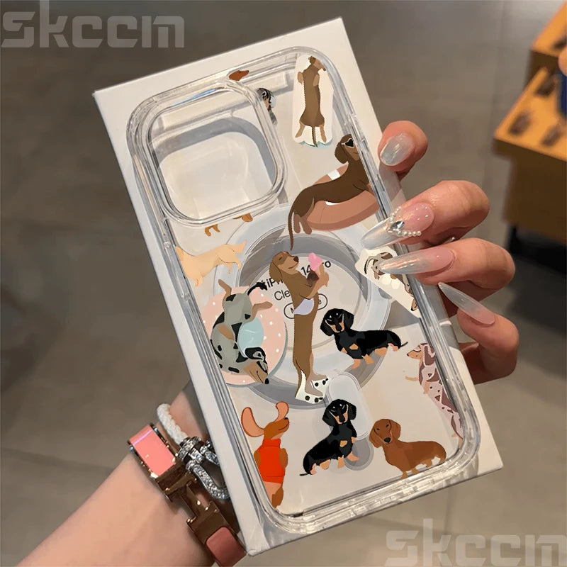 Cute Dachshund Bulldog Pattern Magnetic Phone Case For iPhone 17 16 15 14 13 12 11 Pro Max 16E X XS XR Clear Hard Cover