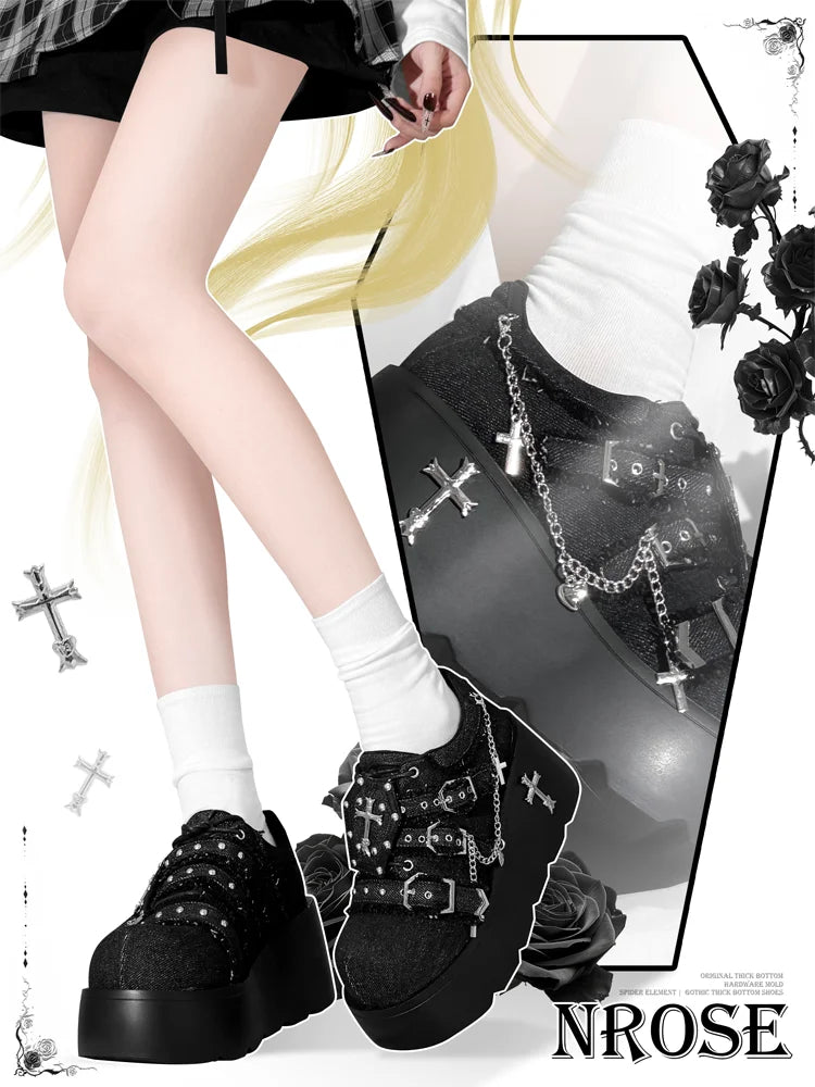 Y2K Subculture Dark Punk Style Denim Platform Muffin Shoes