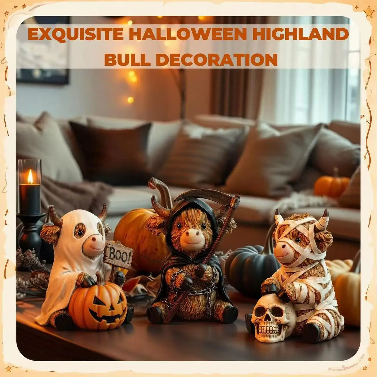 3 Halloween Highland Cow Statues, Cute Ghost Decorations, Hooded and Mummy Cow Statues with Pumpkin Decorations, for Layered Trays, Shelves, Tabletops, and Fireplace Decorations