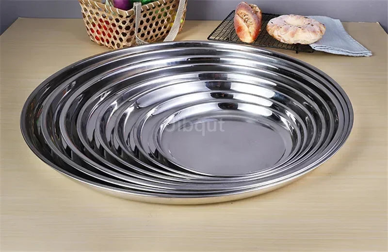 Thick Stainless Steel Plate round Large Disc Flat Bottom Shallow tray Extra Large Fish Head fruite meat Plate Restaurant Hotel