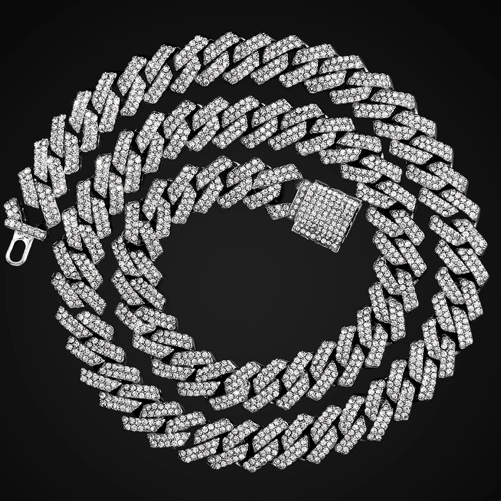14mm Iced Out  Prong Cuban Link Chain Necklace for Men Women 2 Row Rhinestone Paved Miami Rhombus Hip Hop Jewelry Wholesale