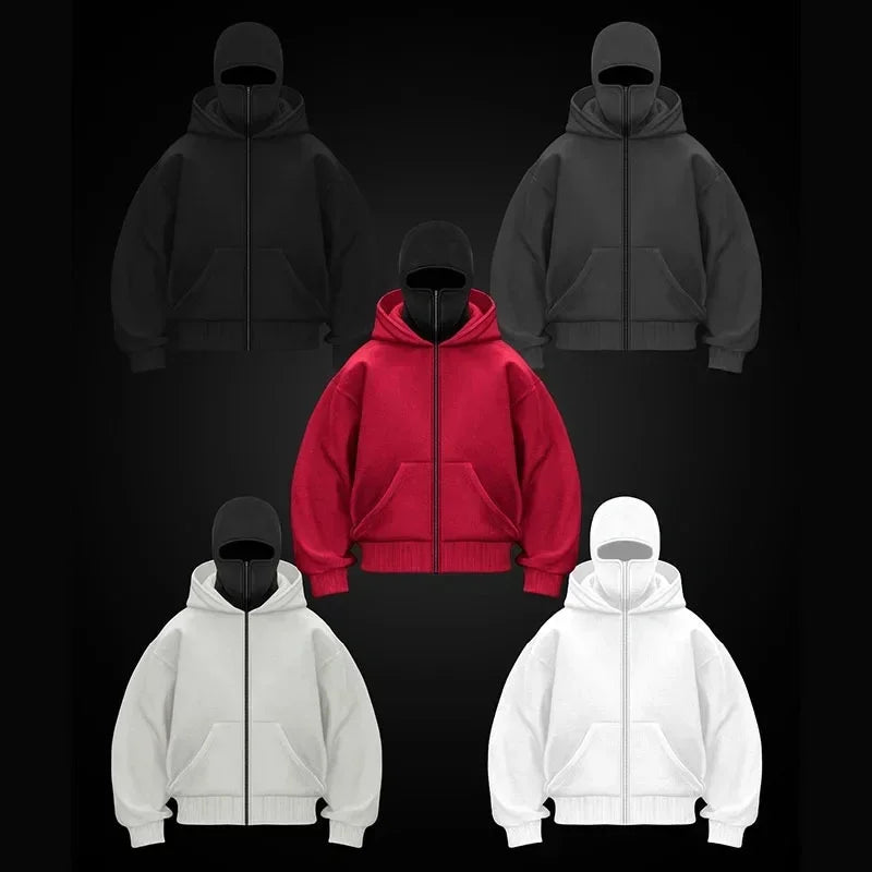 Balaclava Men Zip Hoodie Winter Warm Casual Sweatshirt Y2K with