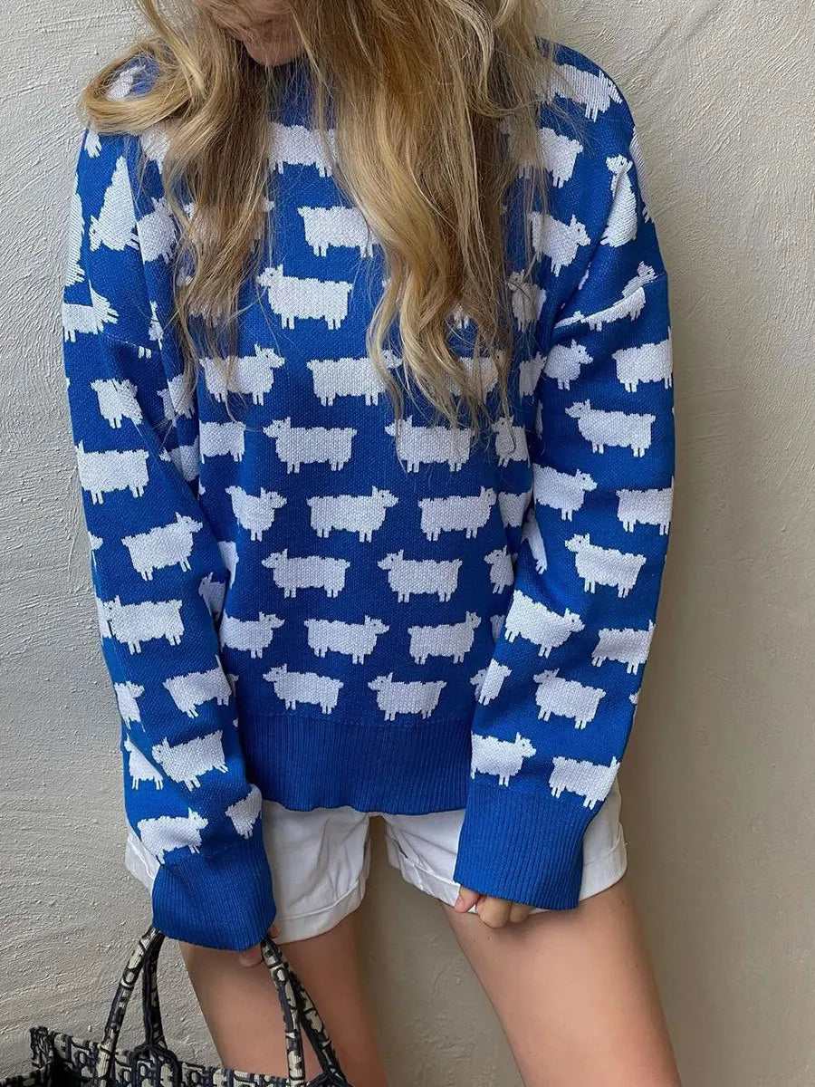 Sheep Printing Elegant Women Sweater Warm Knitted Classic O-Neck Pullover Tops 2024 Autumn Winter Long Sleeve Streetwear Sweater