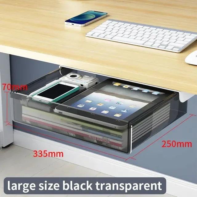 Transparent Under Desk Drawer Self Stick Hidden Storage Tray Quiet Pull Out Desk Organizer Accessory
