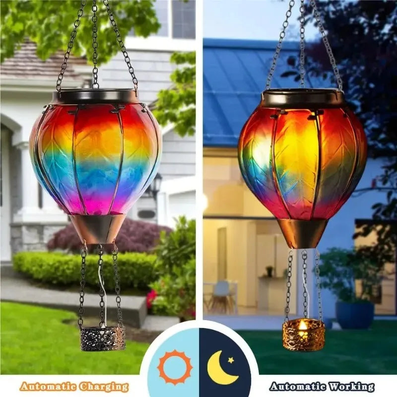 Vintage Solar Garden Lamp LED Flame Effect Hot Air Balloon Outdoor Decor Metal Glass Flickering Lawn Light Waterproof