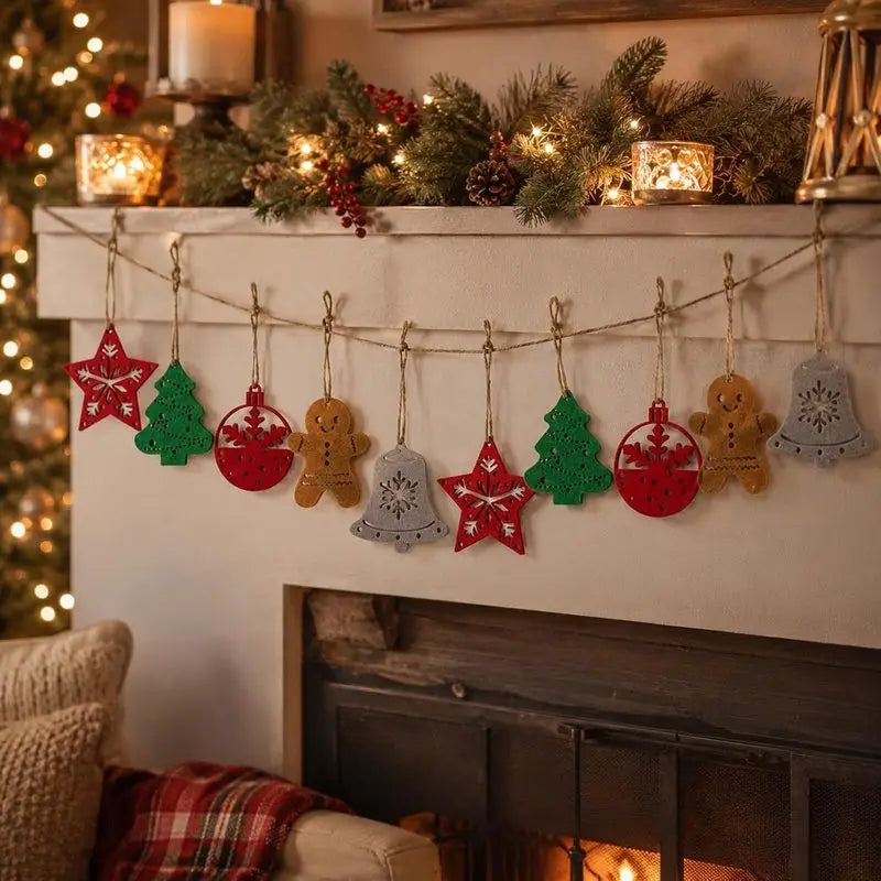 10pcs/pack Christmas Felt Garland Banner Xmas Tree Star Bell Gingerbread Man Hanging String Home Party Fireplace Mantel Pendant