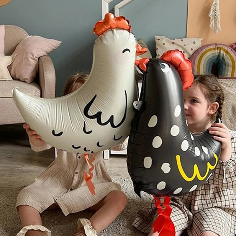 2Pcs Chicken-Shaped Aluminum Foil Balloons Black & White Polka Dot Cartoon Standing Decorations for Children's Birthday Party
