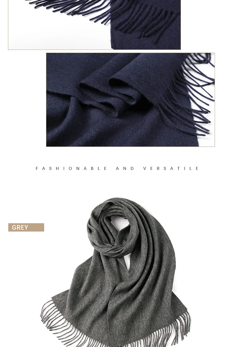 LONGMING 100% Merino Wool Knitted Shawl New Women Autumn Fashion Classic Plaid Solid Scarf Winter Warm Knottable Muffler for Man