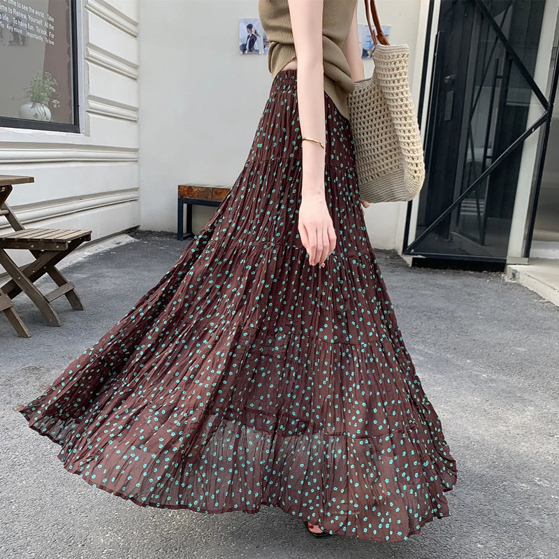 Spring Summer Korean Fashion Brown Dot High Waisted Vacation Long Skirt Women Vintage Elegant Versatile Pleated Skirt Streetwear