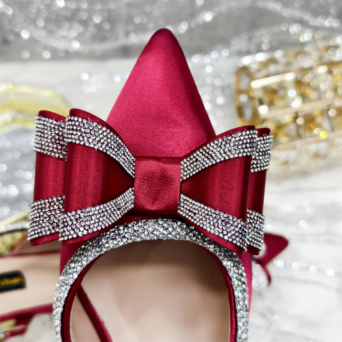 Wine Pointed-Toe Rhinestone Shoes and Bag Set