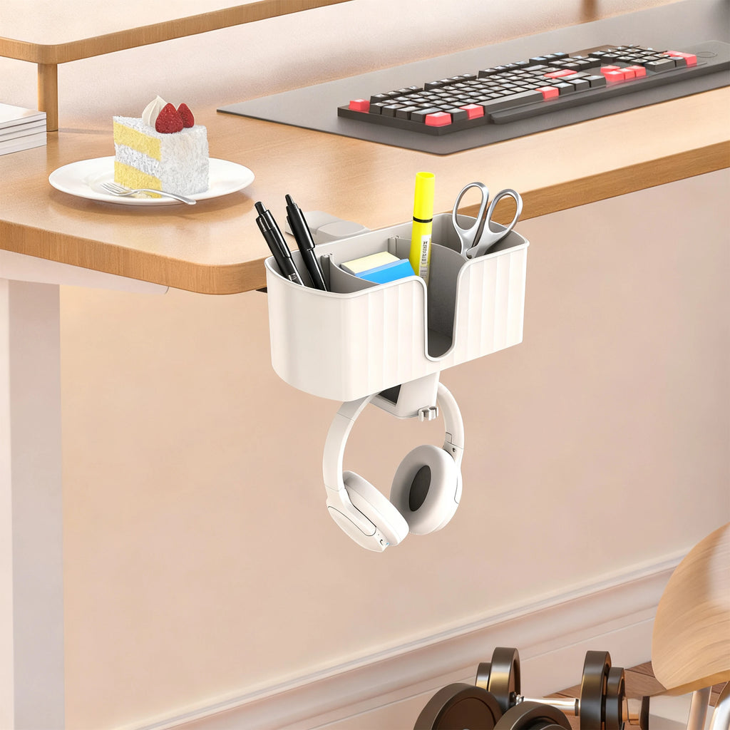 4-in-1 Desk Organizer - Under Desk Cup Holder and Headphone Hanger with 2 Wire Holes - Rotating Hanger，for Cup, Phone and Pen