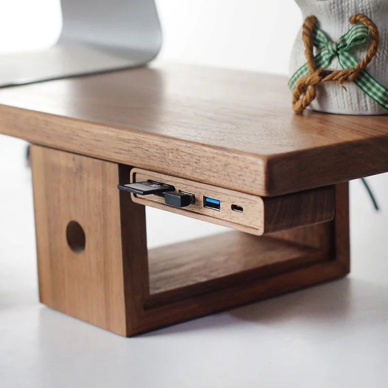 Black Walnut Wood USB Hub Under Desk Organizer Premium Desktop Riser Accessory with 3.0 Ports Multi-Device Charging Station