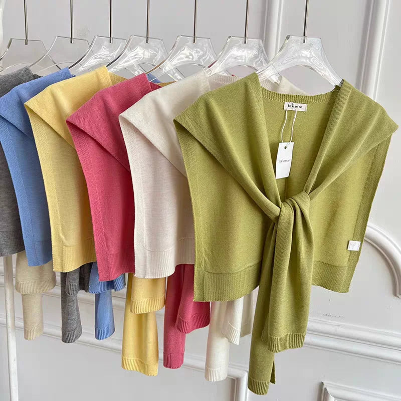 Korean Knitted Shawl Summer Fashionable Versatile Fake Collar Neck Guard Knotted Cape Shoulder Scarf Solid Color Scarve Women