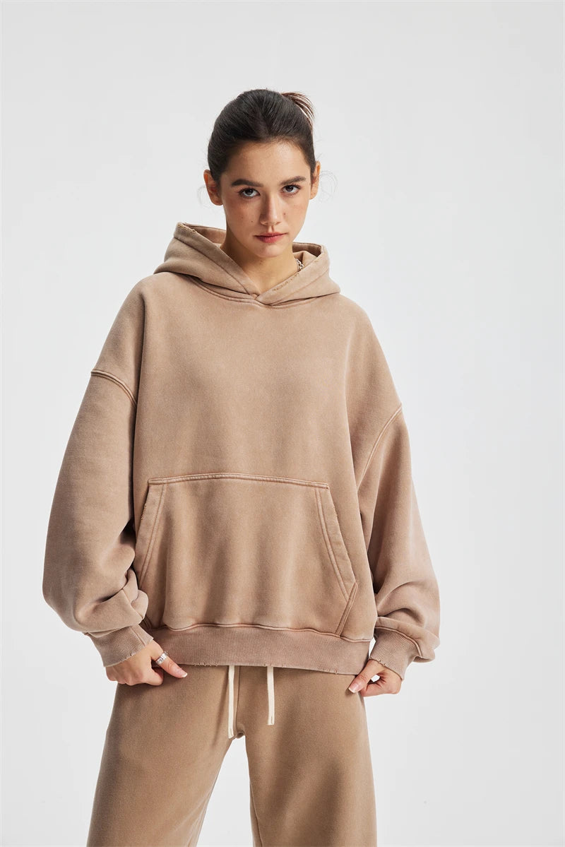 ZODF Retro 2025 Winter Man Washed Boxy Fleece Hoodies Unisex 370gsm Loose Hooded Pullovers Sweatshirt Streetwears HY1129