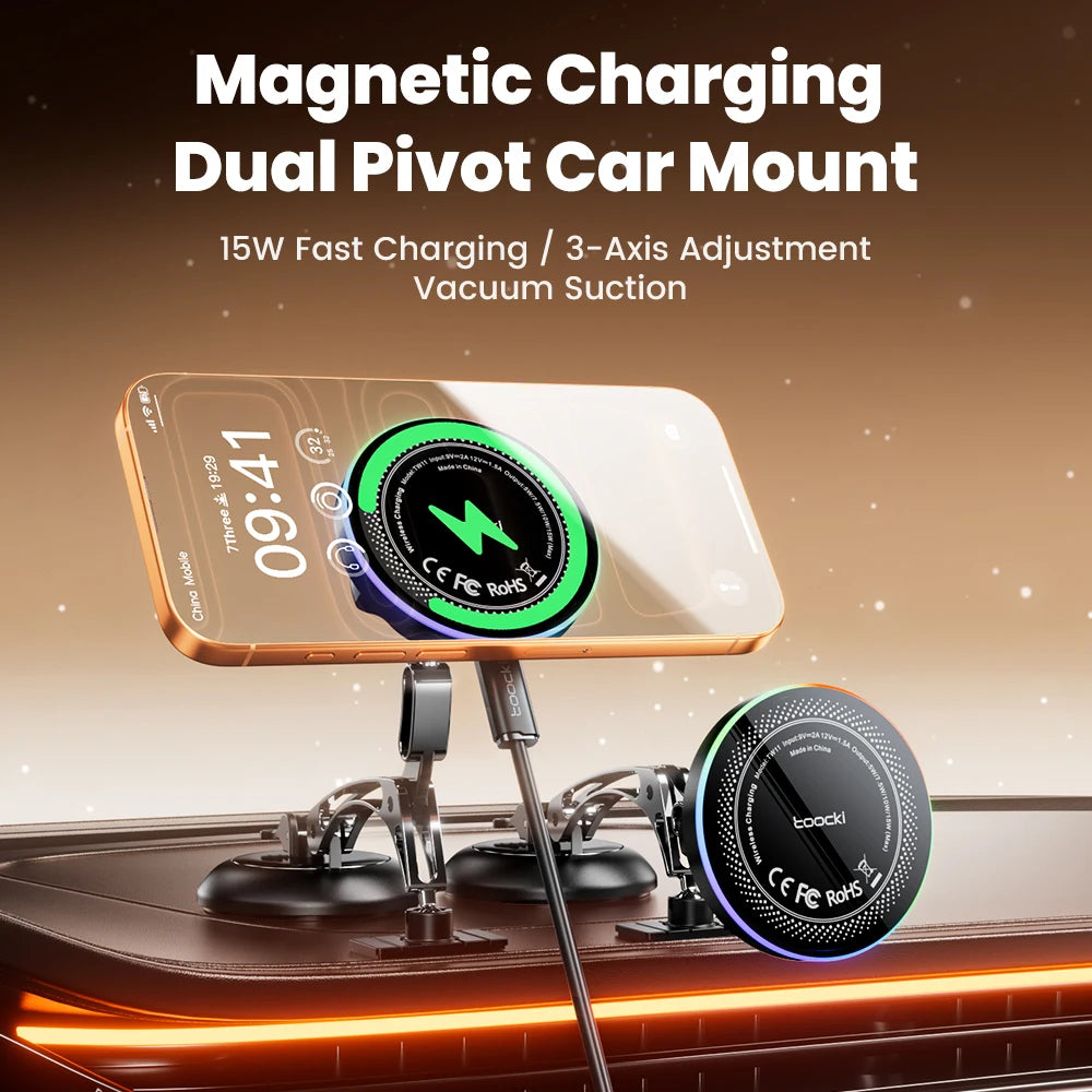 Toocki Magnetic Car Phone Holder 15W Wireless Charger Dual Pivot Mount Car Phone Stand for iPhone 17 16 15 Pro Max for Magsafe
