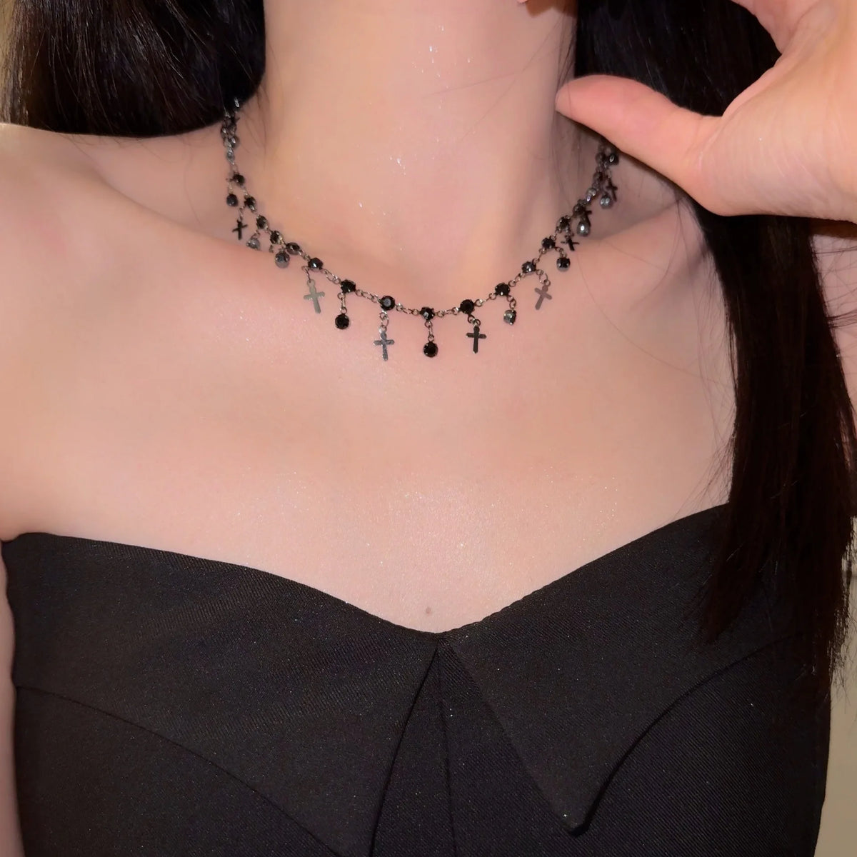 Goth Y2K Black Crystal Metal Cross Pendant Tassel Choker Necklaces