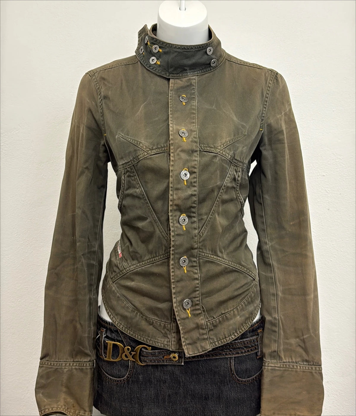 Women's Jacket Y2K Retro Street Olive Green Lace-Up Slim Denim