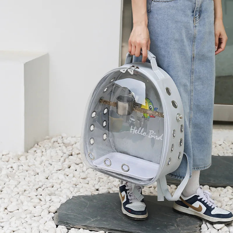Portable Bird Cage with Prech Feeder and Tray, Acrylic Pet Backpack Bag, Parakeet, Cockatiel, Parrot, Bunny, Travel