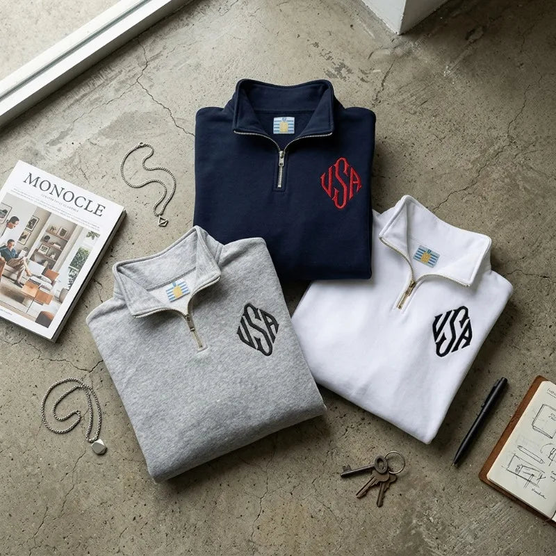 Quarter Zip Sweatshirt Y2K Navy Blue USA Embroidered American Flag Patchwork Jacket Men Women Retro Street Fashion Trend Top