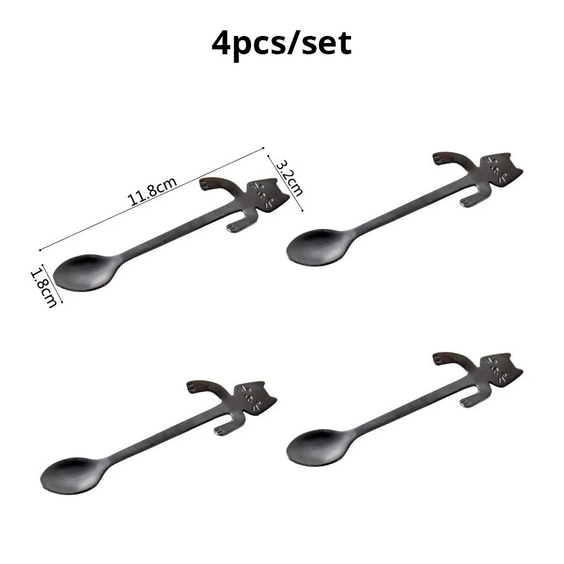 4pcs/set Stainless Steel Mini Cat Kitten Design Stainless Steel Coffee/Tea/Dessert/Drink/Mixing/Milkshake Spoon Flatware Gadgets